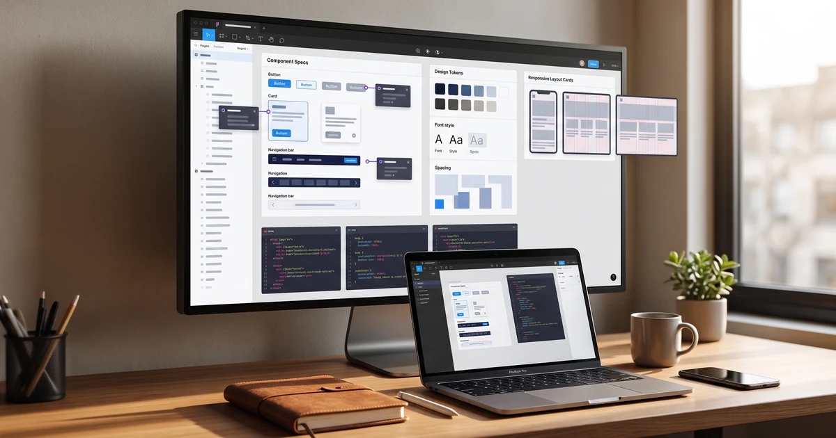 Design handoff workspace with token sheets, component specifications, annotation pins, and developer-ready interface notes.